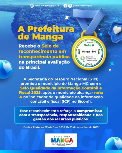 MANGA RECEBE SELO DE RECONHECIMENTO EM TRANSPARÊNCIA PÚBLICA
